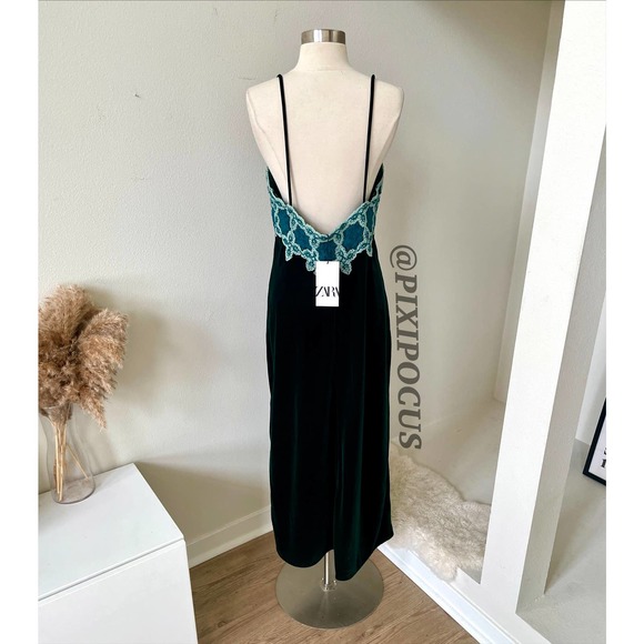 ZARA VELVET + CROCHET MAXI DRESS DARK GREEN / BLUE - Picture 9 of 12